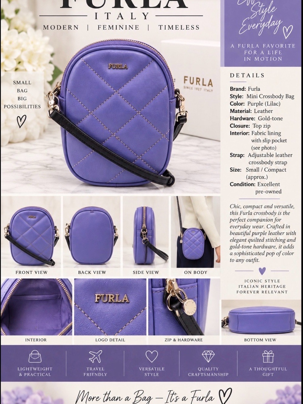 Furla Lilac Quilted Leather Mini Crossbody with Black Strap